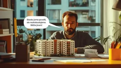 Architekt sedí u stolu s modelem budovy pro kolaudaci.