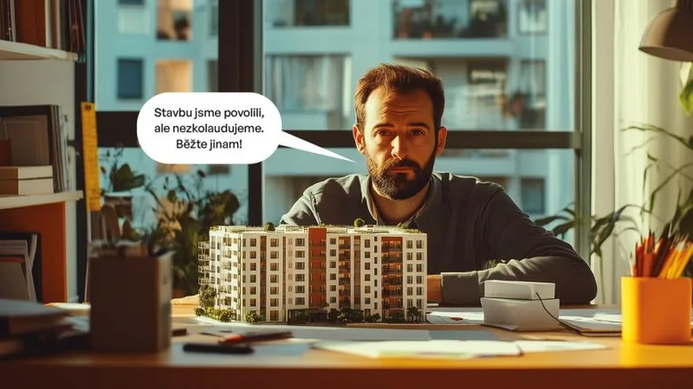 Architekt sedí u stolu s modelem budovy pro kolaudaci.