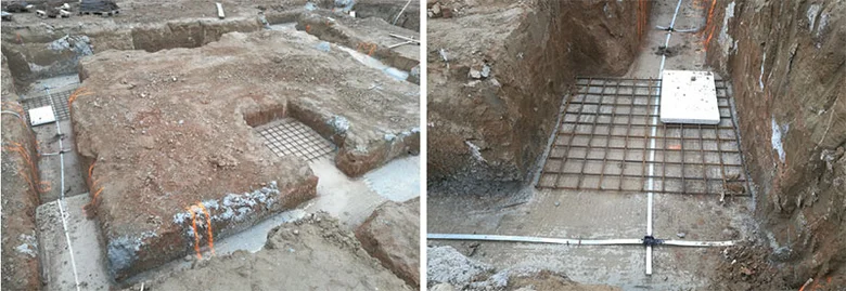 Instalace uzemňovací sítě v jámě pro betonovou základnu.