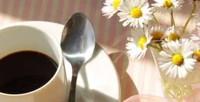 Bílá šálka s kávou vedle sklenice se srandičkami na slunci.