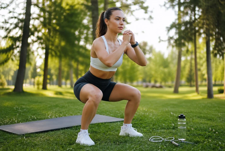 Žena dělá dřepy venku pro spalování tuků při cvičení HIIT.