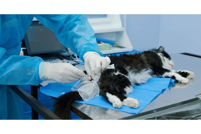 Veterinář provádí kastraci na kočce v operačním sále.