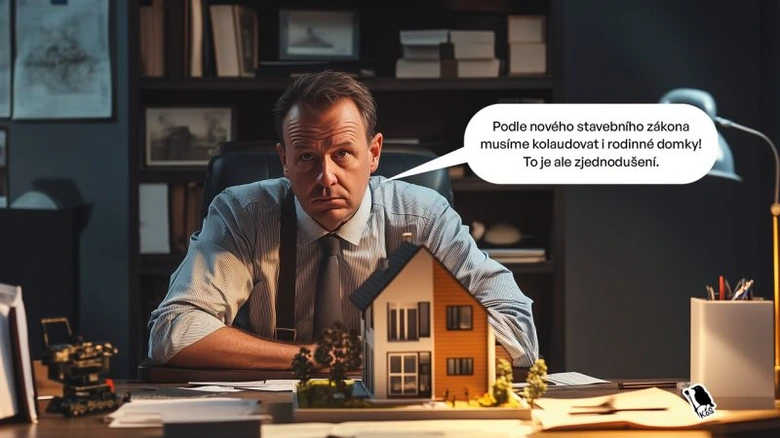 Muž u stolu s modelem domu vysvětluje kolaudaci rodinných domků.