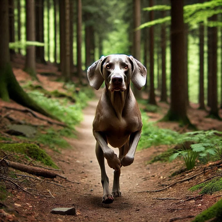Weimaraner pes běží po lesní cestě v zeleném lese.